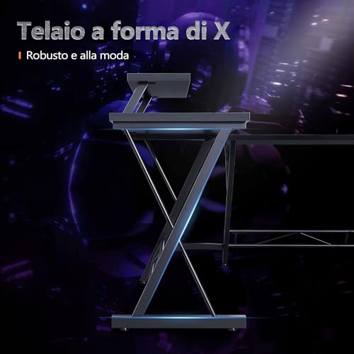 ODK Scrivania Gaming, Scrivania Computer 127x127cm con Supporto Monitor, Scrivania ad Angolo con Porta Cuffie per Gamer, Nero - Immagine 5