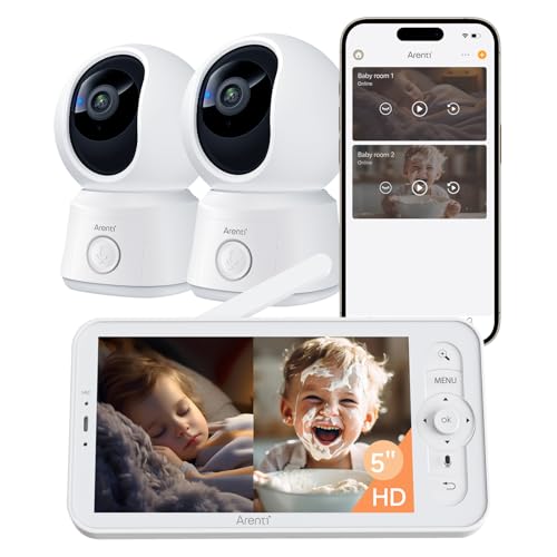 ARENTI Baby Monitor 2 Cameras, Smart Baby Camera with 5-Inch Wireless Display, Super Night Vision, Temperature Sensor, Sound Detection, Auto Motion Tracking, 2-Way Audio, VOX Mode(B2 Set)