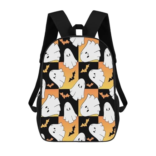 OBLUE Halloween Ghost Bat Checkered Backpack 17 Inch Shoulders Daypack Simple Leisure Travel Bag