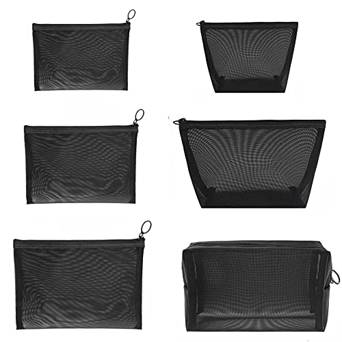 HappyDaily 6 Pieces Mesh Cosmatic bag Mesh Zipper Pouch Travel Makeup Organizer Toiletry Bag Pencil Bag (Black)