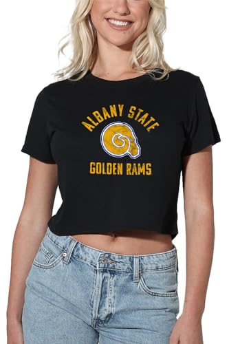 Albany State University Official Golden Rams Logo Women's Crop Top T-Shirt, Black, Medium
