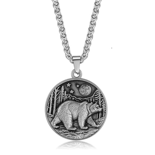 Bear Necklace Forest Nature Fearlessness Power Pendant Necklace Vintage Jewelry Gifts for Men Women (Silver)