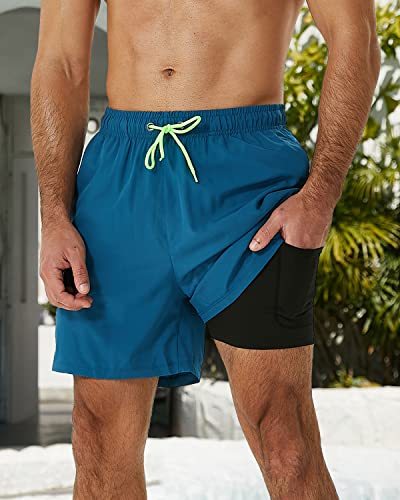 Silkworld Mens Swimming Trunks With Compression Liner 2 In 1 Quick-Dry Bathing Suits With Zipper Pockets Blue #TOP1