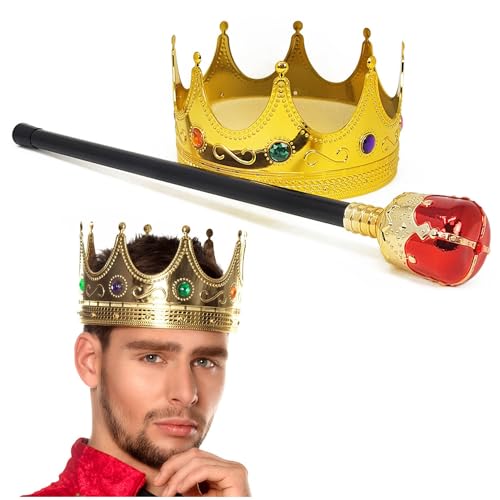 com-four® set couronne et sceptre pour adultes – accessoire de costume roi doré – déguisement royal pour carnaval, Halloween et soirées à thème...