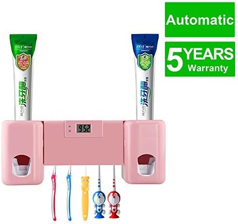 XCCTEK C5 Automatic Toothpaste Dispenser with Toothbrush Holder Set,Available for 5 Brushes,for both Adults and Children,Pink