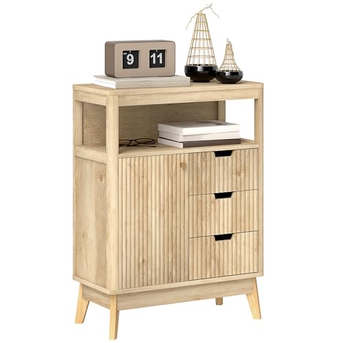 HOMCOM Sideboard, Fluted Modern Storage Cabinet with Single Door, Drawers and Adjustable Shelf for Living Room, Kitchen, Dining Room, Bathroom, Bedroom, Nature Wood Finish