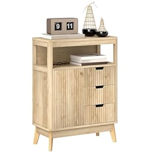 HOMCOM Sideboard, Fluted Modern Storage Cabinet with Single Door, Drawers and Adjustable Shelf for Living Room, Kitchen, Dining Room, Bathroom, Bedroom, Nature Wood Finish
