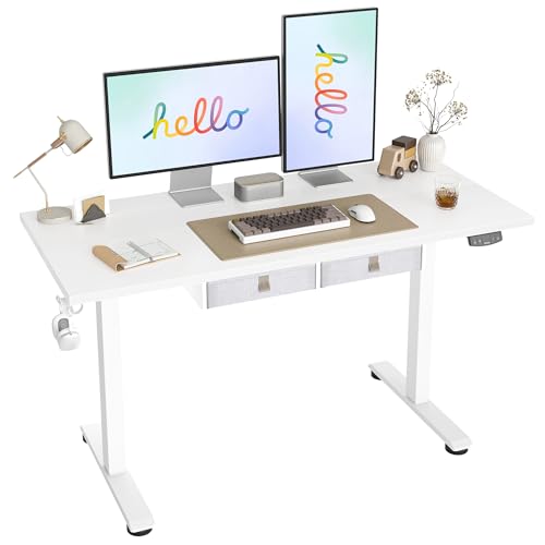 Image of Agilestic Standing Desk with 2 Drawers, Adjustable Height Electric Desk with Storage, 55 x 24 Inches Sit Stand Up Computer Table for Work Office Home, White