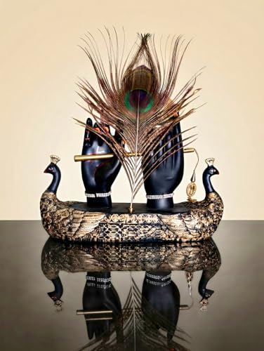 Radha Krishna Hands Showpiece with Peacock Feather, Black & Gold | Polyresin, 24 cm Height, Handcrafted Design, Authentic Peacock Feather, Radhe Radhe Inscription, Puja Room & Home Decor - Image 6