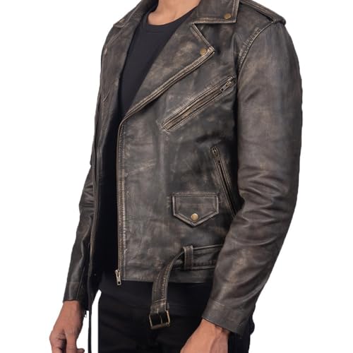 Image of Men's Leather Jacket Cafe Racer Biker Style Retro Stripes Jacket, Motorcycle Racing Leather Jacket Men