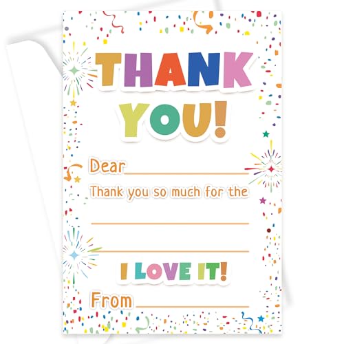 Cartes de remerciement enfants avec enveloppes pour anniversaire, lot de 72 pièces 10x15 cm