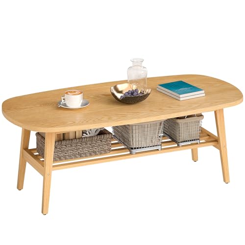 HOMCOM Mesa de Centro de 2 Niveles, Mesa Baja para Salón Moderno con Estante Abierto Inferior y Patas de Madera de Caucho, para Sala de Estar, Dormitorio, 120x60x42cm, Natural