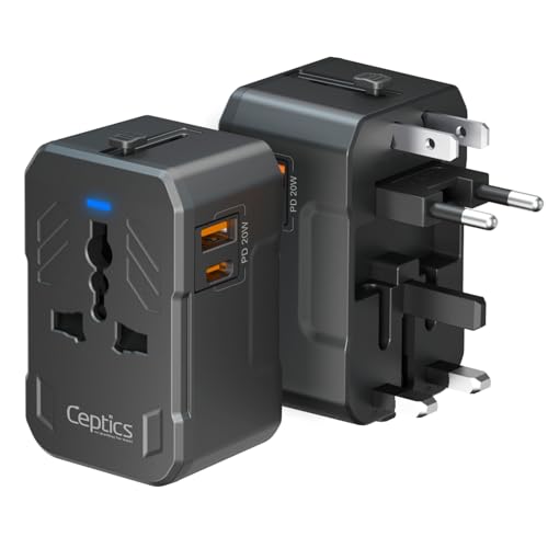 Image of Ceptics Universal Travel Adapter with 20W USB-C, All in One Travel Accessories with 1 USB A (18W), 1 Type C and Universal Socket, Compact International Adapter for Worldwide Use