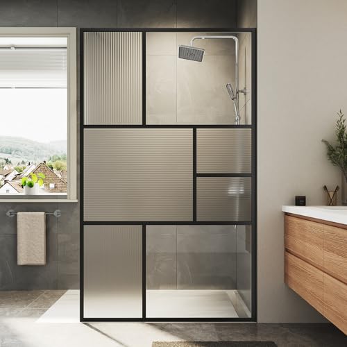 SUNXURY Mampara de ducha Walk-in de 120 x 200 cm con cristal de privacidad estructurado de 8 mm, mampara de ducha con barra estabilizadora de acero inoxidable, fácil de limpiar y estable, marco negro