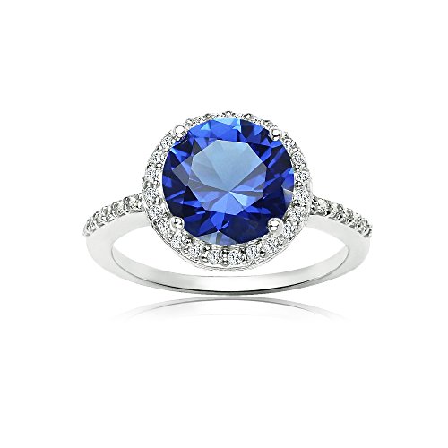 Ice Gems Sterling Silver Simulated Blue Sapphire and Cubic Zirconia Round Halo Ring, Size 9