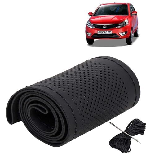 Image of KINGSWAY PU Leatherite Car Steering Cover Sewable Compatible with Tata Bolt (Year 2014 Onwards), Black Color with Black Thread, Pack of 1 with Sewing Needle and Thread