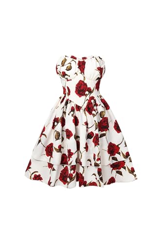 Floral Strapless Dress, Red Rose Print, White Smocked Bodice, Layered Skirt