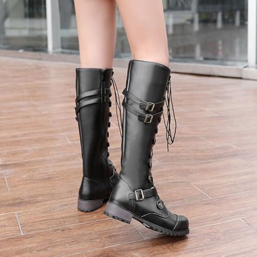 SHEMEE Women's Flat Combat Boot Buckle Riding Knee High Boots Lace Up Chunky Low Heels Gothic Motorcycle Boots with Inside Zipper4