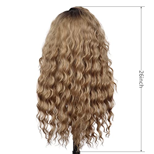 Image of GNIMEGIL 26 Inch Long Brown Curly Wigs for Women Black Roots Ombre Brown Wave Curly Hair Layered Fluffy Daily 80s Costume Wig Cosplay Loose Hair Halloween Carnival Party Wig Synthetic