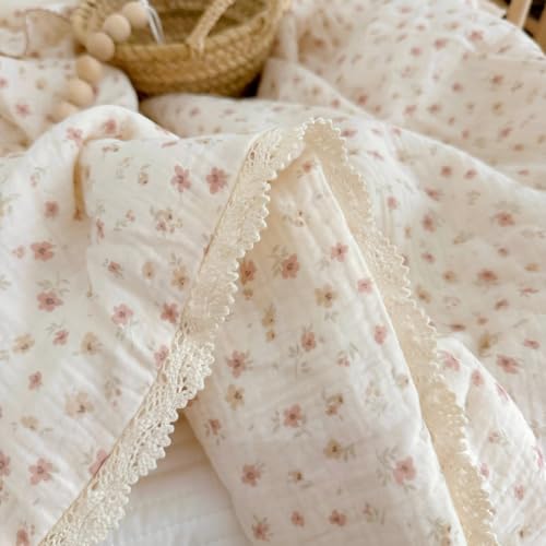 Image of BuLuTu Cotton Muslin Toddler Quilt Blanket for Girls Boys Cute Pink Floral Toddler Quilts Soft Lightweight Crib Blankets Children Bed Blankets, Machine Washable, 47x59 Inches