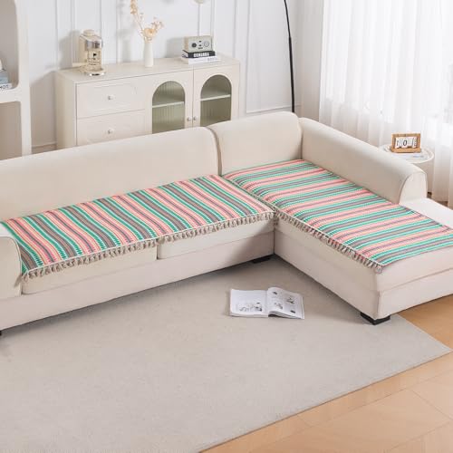 Image of HOKIPO 'Artisan Boho Series' L Shape (3+2 Seater) Seat Mat for Sofa | Thick 450 GSM Cotton Acrylic Jacquard Fabric Cover with Tassel, Mint Green (IN-904+903-A7)