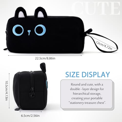 Image of CICIMELON Cartoon Pencil Case, Large Capacity Pen Pouch with Embroidered Animal Design, School Supplies Bag for Kids, Teens, Students (Black Cat)