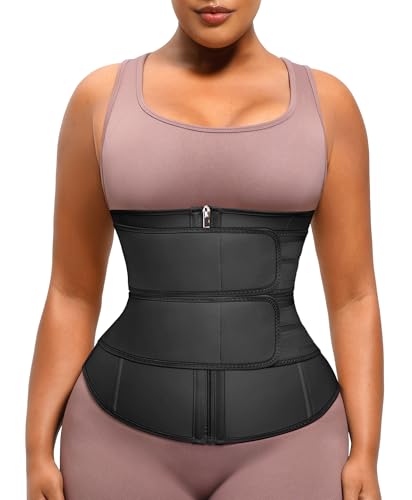 Image of FeelinGirl Waist Trainer for Women Belly Fat Long Torso Sauna Workout 2 Belt With Zipper 7 Steel Bones Corset