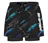 Swimming Beach Shorts 2 in 1 Quick Dry Swim Trunks Costume-Stylish Holiday Wear with Tighty Attached Big Zipper Pockets Swim Suit (32-34, Black/Green)