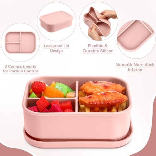 Image of Honeydak 6 Pcs Silicone Bento Boxes, 3 Compartment Lunch Containers