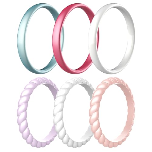 10/6 Pack Silicone Wedding Ring for Women, Thin and Braided Rubber Band, Fashion, Colorful, Comfortable fit, Skin Safe