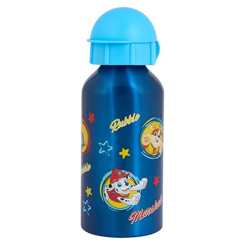 Paw Patrol Aluminium Water Bottle with Flip Lid Blue 400ml Featuring Chase Rubble Marshall for Children 48+ Months
