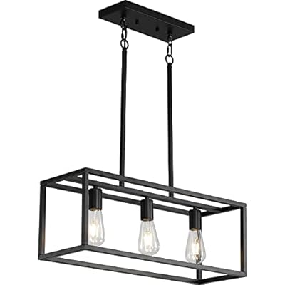 XISLTHOTSL Black Kitchen Island Lighting, Modern Linear Cage Retangular Chandelier, 3 Lights Industrial Metal Hanging Light Fixture for Farmhouse Kitchen Dining Room Bar Foyer
