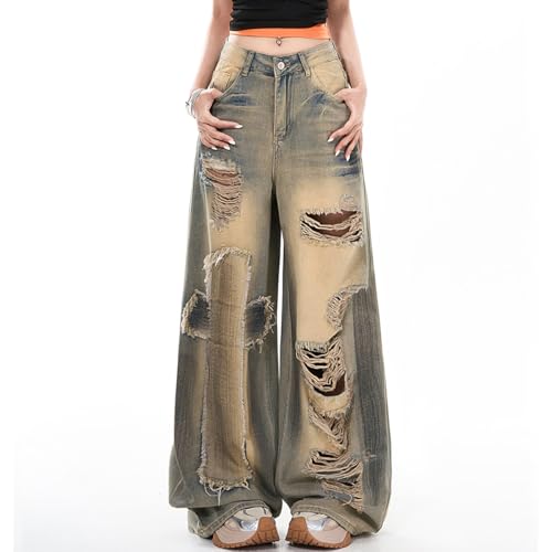 Harajuku High Waisted Straight Leg Jeans Y2K Gothic Vintage Patchwork Fringe Ripped Baggy Denim Pants2
