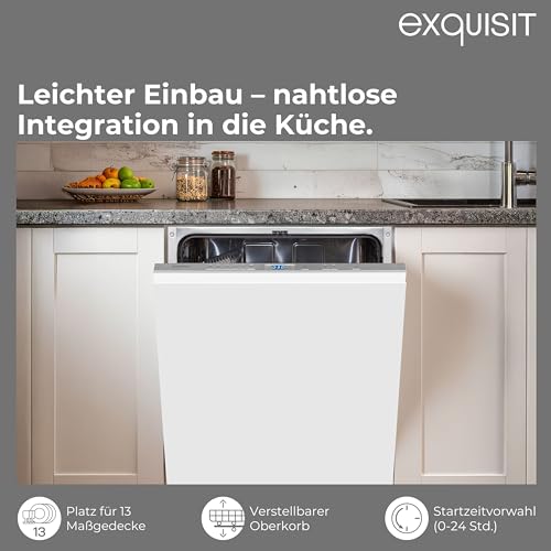 Exquisit PLUS Einbaugeschirrspüler 60 cm, Vollintegrierbar, 13 Maßgedecke, Startzeitvorwahl, 6 Spülprogramme, Power+, ECO-Modus, EGSP52113-E-030E silber