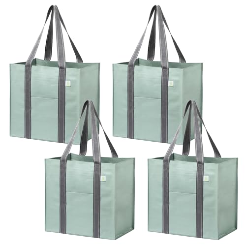 VENO Pack de 4 Bolsa de la Compra Reutilizable con Fondo Duro Reforzado, Correa, Plegable, Se Sostiene Vertical, Bolsa Multiuso Resistente, Bolsa de Utilidad para Todo(Verde Claro, Pack de 4)