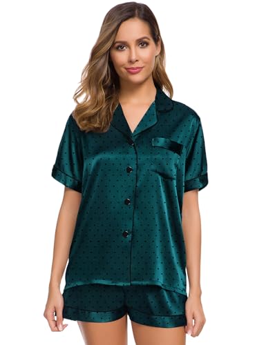 Image of SWOMOG Womens Silk Satin Pajamas Set Short Sleeve Sleepwear Button Down Top and Shorts Loungewear 2 Piece Pjs Set XS-3XL Deep Green Dots Medium