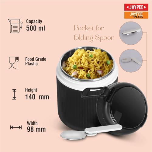 Image of JAYPEE SoloMeal PUF Insulated Inner Stainless Steel Food Jar with Foldable Spoon|Hot /Cold Meal Jar for Kids|Office Women |Men|Food Storage Traveling Box Light Weight |Scratch Resistant|500 ml, Black
