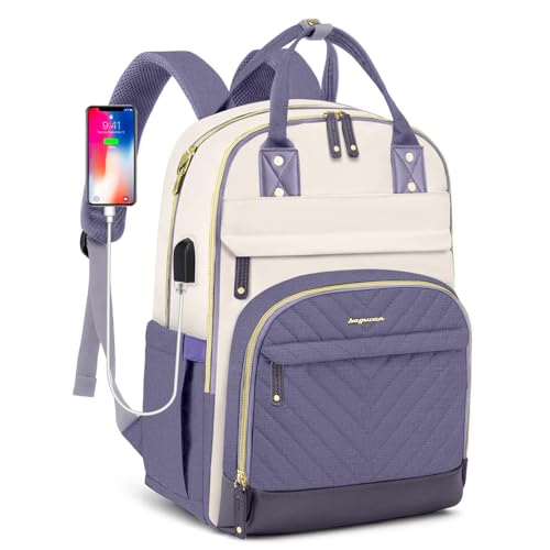 Laptop Backpack for Women Work Bag - 15.6 inch Travel Backpack Purse with USB Charger College Bookbag Waterproof Cute Casual Daypack Business Computer Backpacks for Teacher Nurse Beige Light Purple