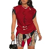 Mandonce Two Piece Outfits for Women Pins Round Neck Printed T-shirt Elastic Shorts Loose Casual Suit Red Letter Print XXX-Large