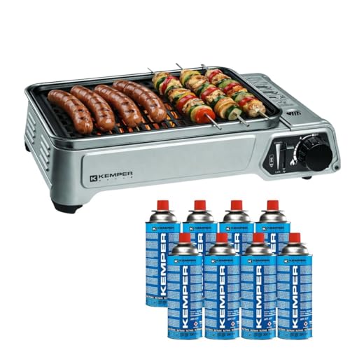 KEMPER - Barbecue à gaz portable 1900W Grille anti adhesive + 8 Cartouches gaz butane - Petit barbecue gaz idéal camping, terrasse, extérieur