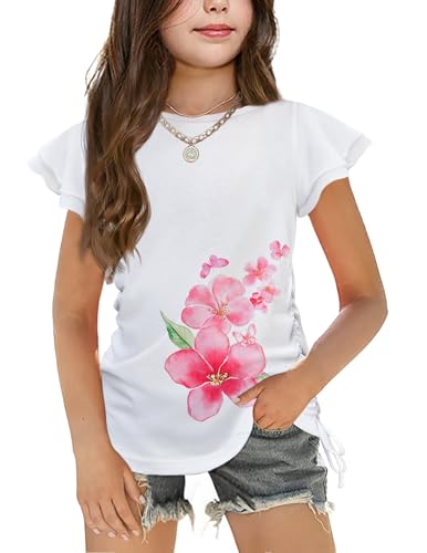 Image of Arshiner Girls T Shirts Ruffle Short Sleeve Ruched Knot Side Tunic Blouse Summer Tee Tops