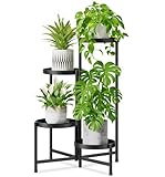 iDavosic.ly 4 Tier Large Plant Stand Indoor with 10 Inch Wide Tray, Tiered Corner Metal Outdoor Flower Display Holder Shelf, Folding Tall Rack for Patio Porch Living Room, Modern Black