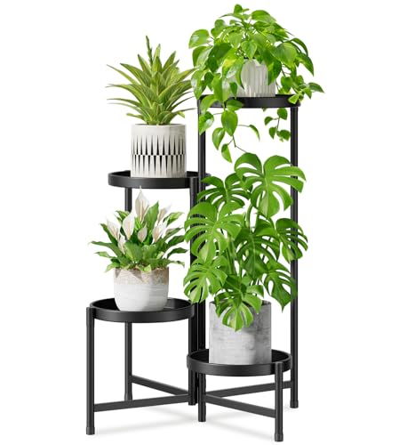 Image of iDavosic.ly 4 Tier Large Plant Stand Indoor with 10 Inch Wide Tray, Tiered Corner Metal Outdoor Flower Display Holder Shelf, Folding Tall Rack for Patio Porch Living Room, Modern Black
