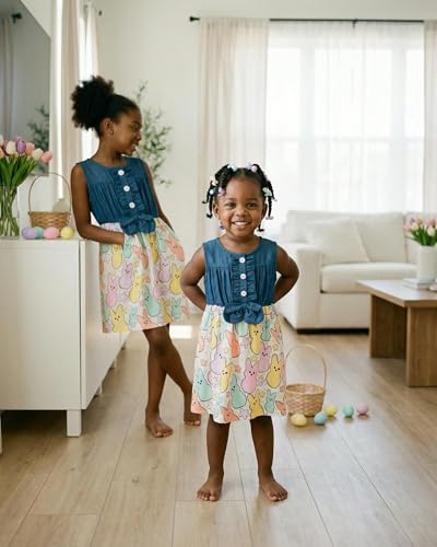 Image of Unique Baby Girls Sleeveless Denim Dress with Knot Tie and Fun Print for Toddler and Big Kids