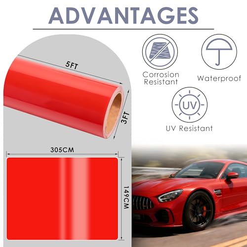 Image of 3ft x 5ft Gloss Red Car Vinyl Wrap, Car Wrap Vinyl Roll for Cars Body Protection, Scratch Resistance with Air Release Technology (Gloss Red)