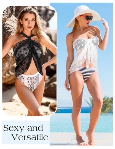 Kiiwah 2 sztuki damskich opasek plażowych Sarong, zakrycie szyfonu, krótki kostium kąpielowy, narzutka na bikini, seksowna spódnica plażowa Sarong Pareo, Pompony czarne, pompony białe, Rozmiar