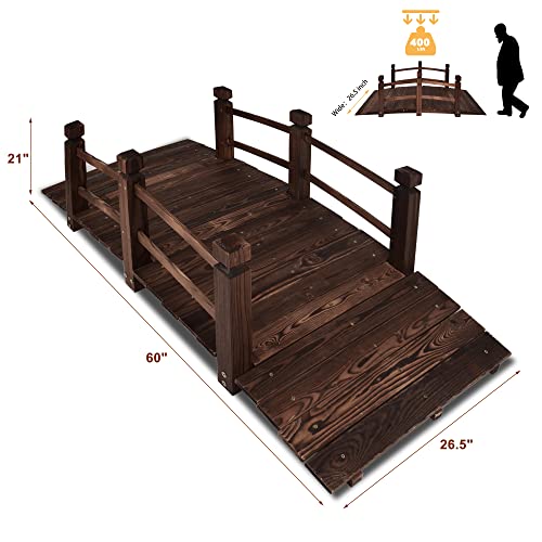 5 ft Wooden Garden Bridge, Arc Stained Finish Footbridge with Railings for Outdoor, Backyard, Pond, Easy to Assemble, Outdoor Bridge Decor, Stained Wood - Thumbnail 2