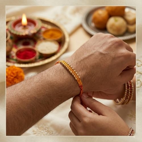 Image of Set of 12 Elegant Rakhi for Bhaiya with Roli Chawal, Traditional Gold Beaded Red & Yellow Thread for Brother, RakshaBandhan Rakhi Combo Pack for Family