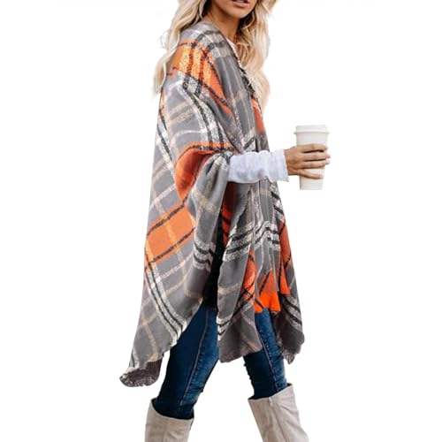 Image of LittleMax Shawls and Wraps for Women, Knit Open Front Boho Cardigan Plaid Shawl Cape, Orange Brown
