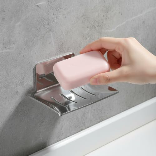 Image of HASTHIP 2Pcs SUS304 Soap Holder, Stickable Wall Mount with Drainage Tray